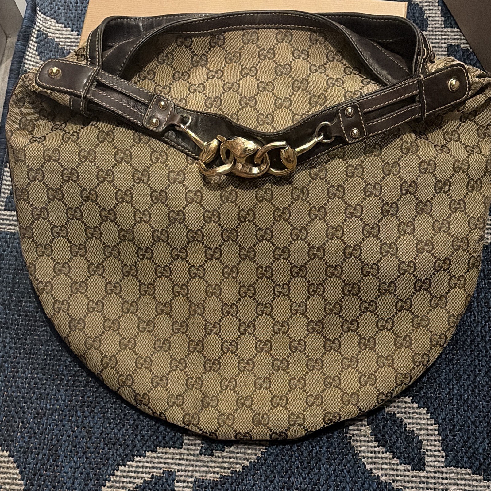 Gucci GG Monogram Crescent Shoulder Bag Beige/Brown Magnetic Closure Gold HW