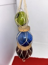 3 Fishing Boat Net Glass Floats & Rope Green Blue Red Ball Nautical 
