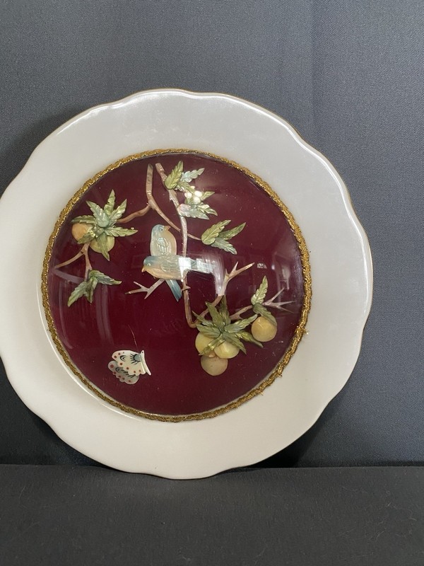3D Feather Art/Mosaic Shell Art Plate Bird and Floral Design Abalone w/Gold Trim