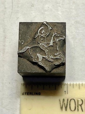 Vintage Letterpress Printing Block Indian Chief on Horseback with Tomahawk Lead