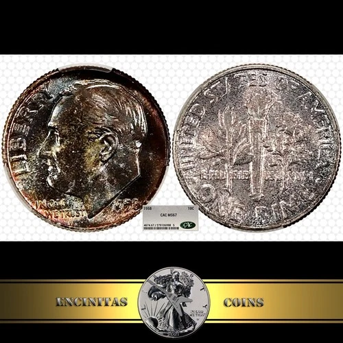 1958 10c Roosevelt Dime CACG MS67 CAC - Original Mint Set Toning GORGEOUS GEM++