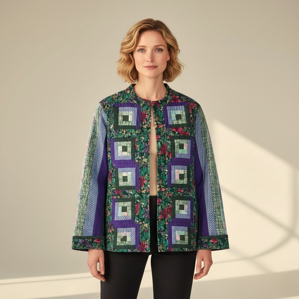 Handmade Quilted Patchwork Barn Jacket Green Purp… - image 1