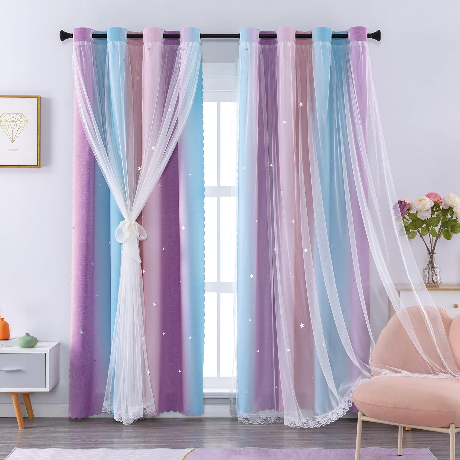 Cortinas 2 Capas Ninas Oscurecimiento 63 Pulgadas Argollas Rosa Purpura