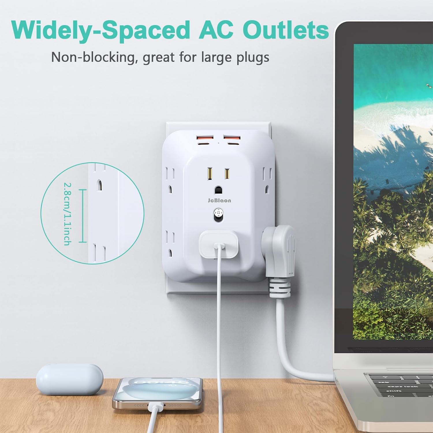 Multi Plug Wall Outlets, 6-Port Outlet Extender with 4 Charging USB White 