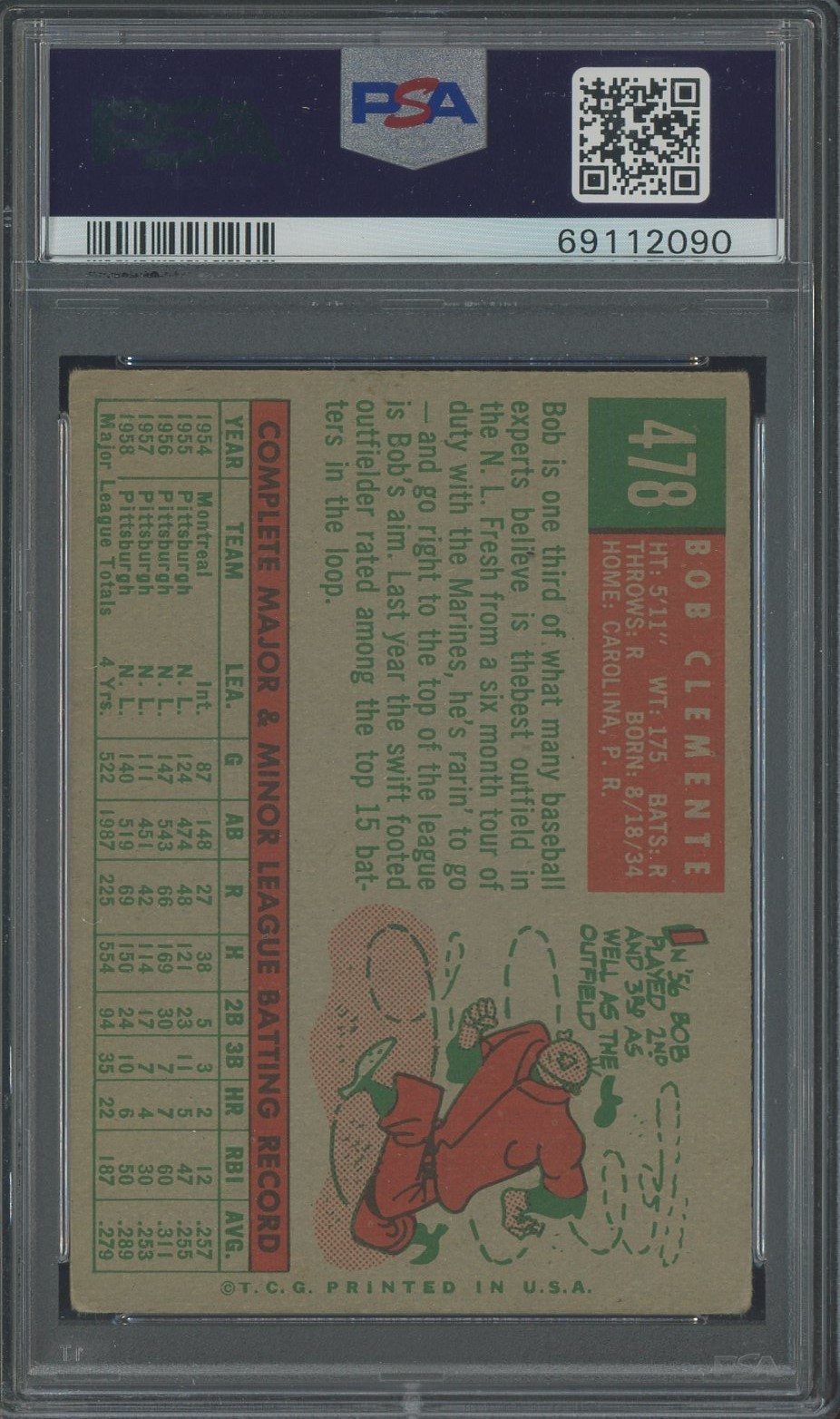 1959 Topps #478 Bob Roberto Clemente Pittsburgh Pirates HOF PSA 3 VG view 2