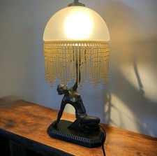 Vintage, Art Deco style figural lamp With Fringe Lampshade