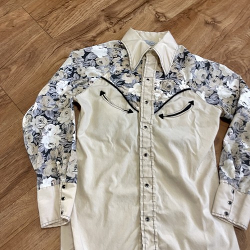 Vtg Larry Mahan Western Pearl Snap Beige Shirt Women Size 5 Long Sleeve Floral - Picture 5 of 11