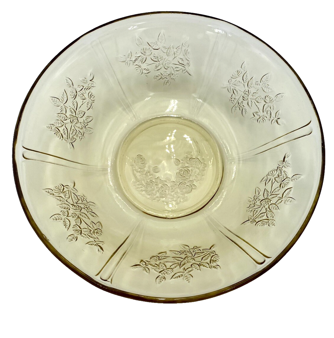 Vintage 1930s Federal Glass Sharon Amber Roses 8.5 Inch Large Serving Bowl