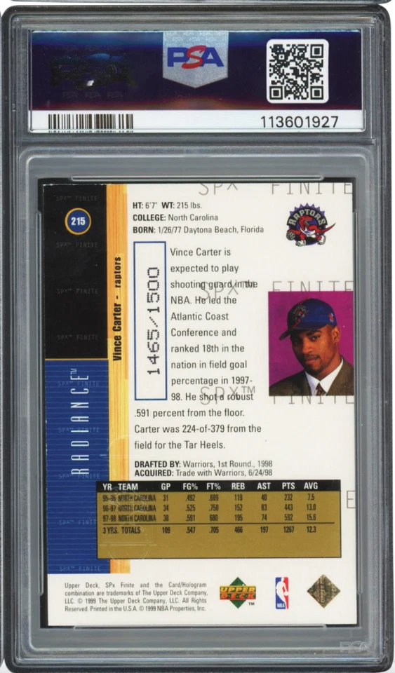 Vince Carter 1998 SPx Finite Radiance Rookie RC Toronto Raptors #215 PSA 8 30584 - Image 2 of 3