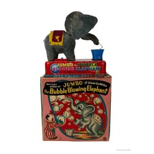Vintage Tin batt-op Toy Japan Yonezawa Jumbo the Bubble Blowing Elephant, boxed