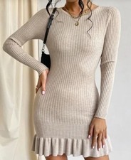 SHEIN Ruffle Hem Beige Ribbed Sweater Dress Women’s Size XS
