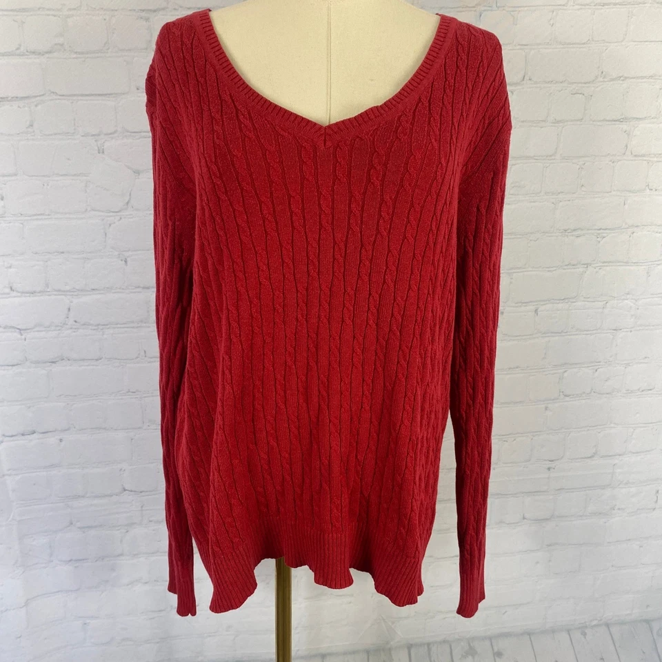 Suéter Top Laura Scott Rojo Cuello en V Tejido con Cable Grande Mezcla de Algodón Clásico Preppy Foto 2 de 4