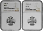 1943 P + S 1c Lincoln Steel Wheat Cent NGC MS 62 Two Coin Lot New Holder