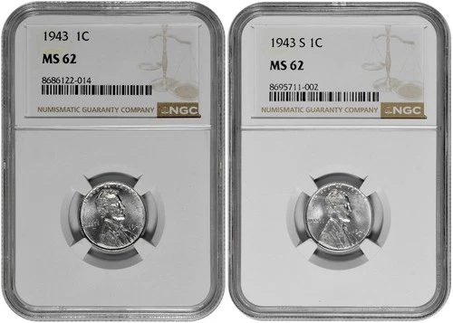 1943 P + S 1c Lincoln Steel Wheat Cent NGC MS 62 Two Coin Lot New Holder