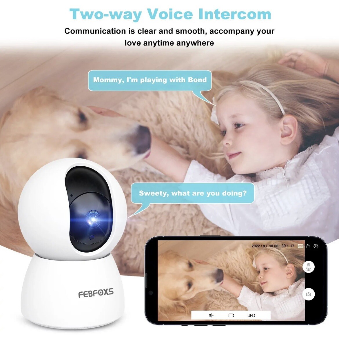 Febfoxs Baby Monitor Security Camera, WiFi Indoor Camera, 360-Degree Smart 1080P