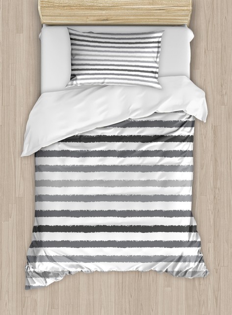 Striped Duvet Cover Set With Pillow Shams Gray And White Grunge