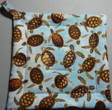 Deluxe Hot Pad/ Pot Holder: TURTLES IN MOTION: Blue/ Brown: Quilted