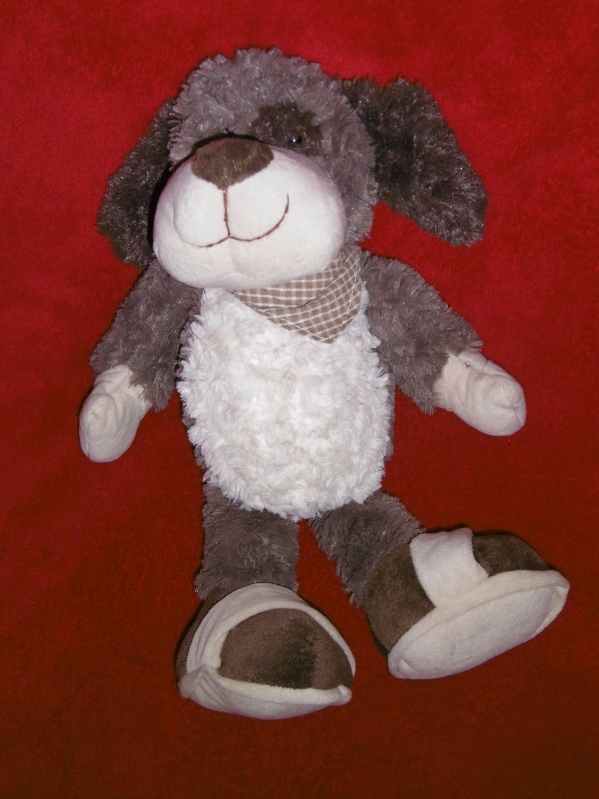 Doudou peluche chien marron gris blanc bandana vichy TOYS 41cm
