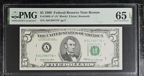 1969 $5 Federal Reserve Note Fr-1969-A* Boston PMG65 Gem EPQ