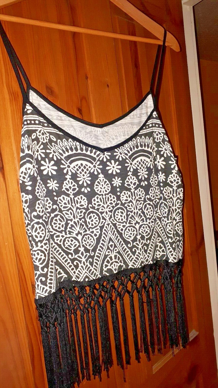 Tribal mono b/w ethnic hippie boho festival strappy fringe sun top camisole 18 image 2