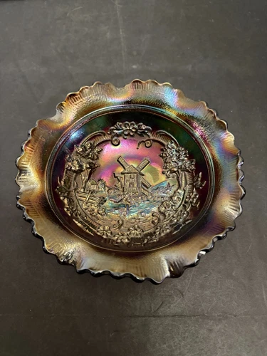 Vintage Imperial Windmill Blue Carnival Glass Bowl Ruffled Rim