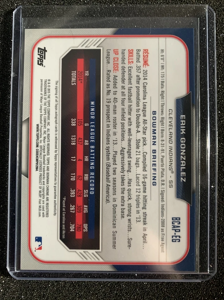 2015 Bowman Chrome Prospect Autographs #BCAPEG Erik Gonzalez RC 1st AUTO - Image 2 of 2