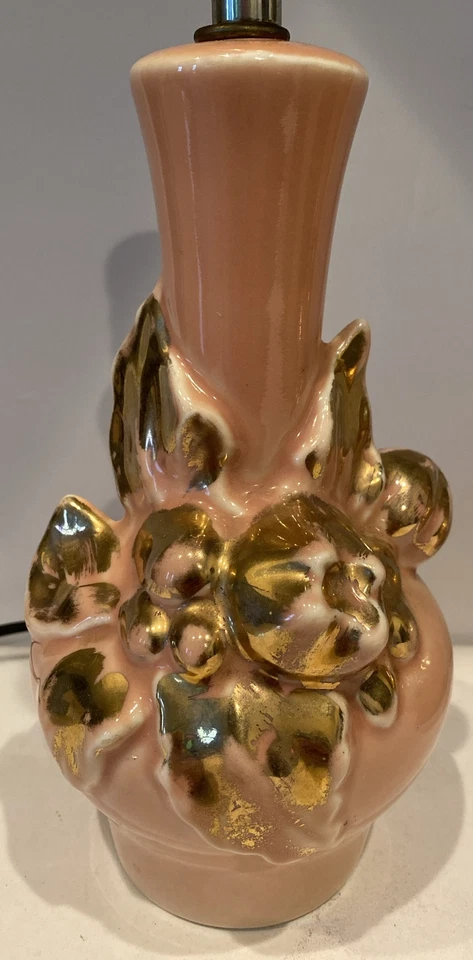 MCM灯镀金粉红色陶瓷带金色花朵踏板一对8.5英寸老式灯 — 第 2/4 张图片