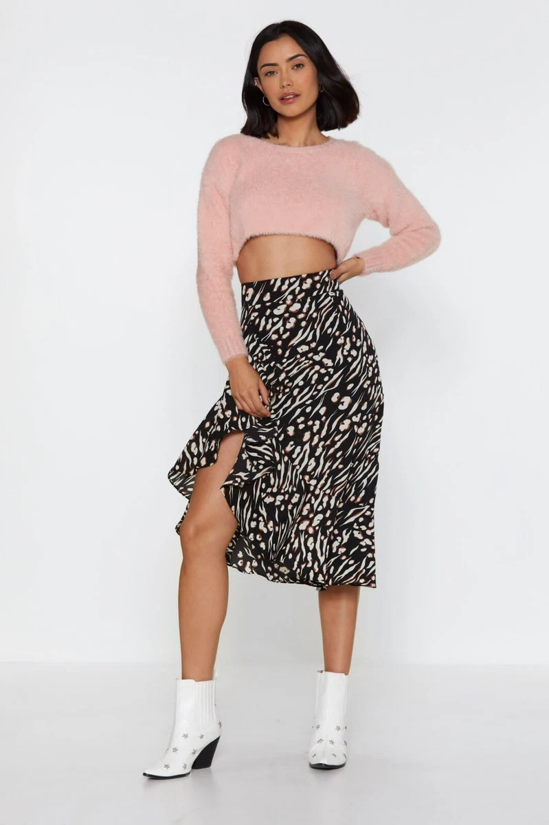 Nasty Gal Black Wild n Free Animal Midi Skirt UK Size 8 Excellent