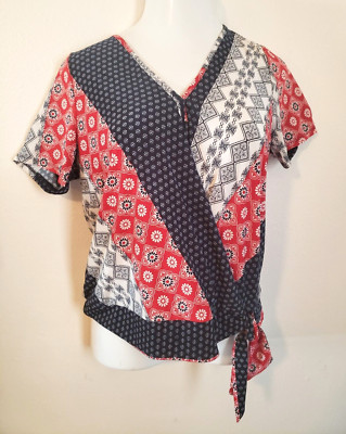 Lavish Top Women's Size L Large Bust 38'' print Tie Hem No-iron wrap front