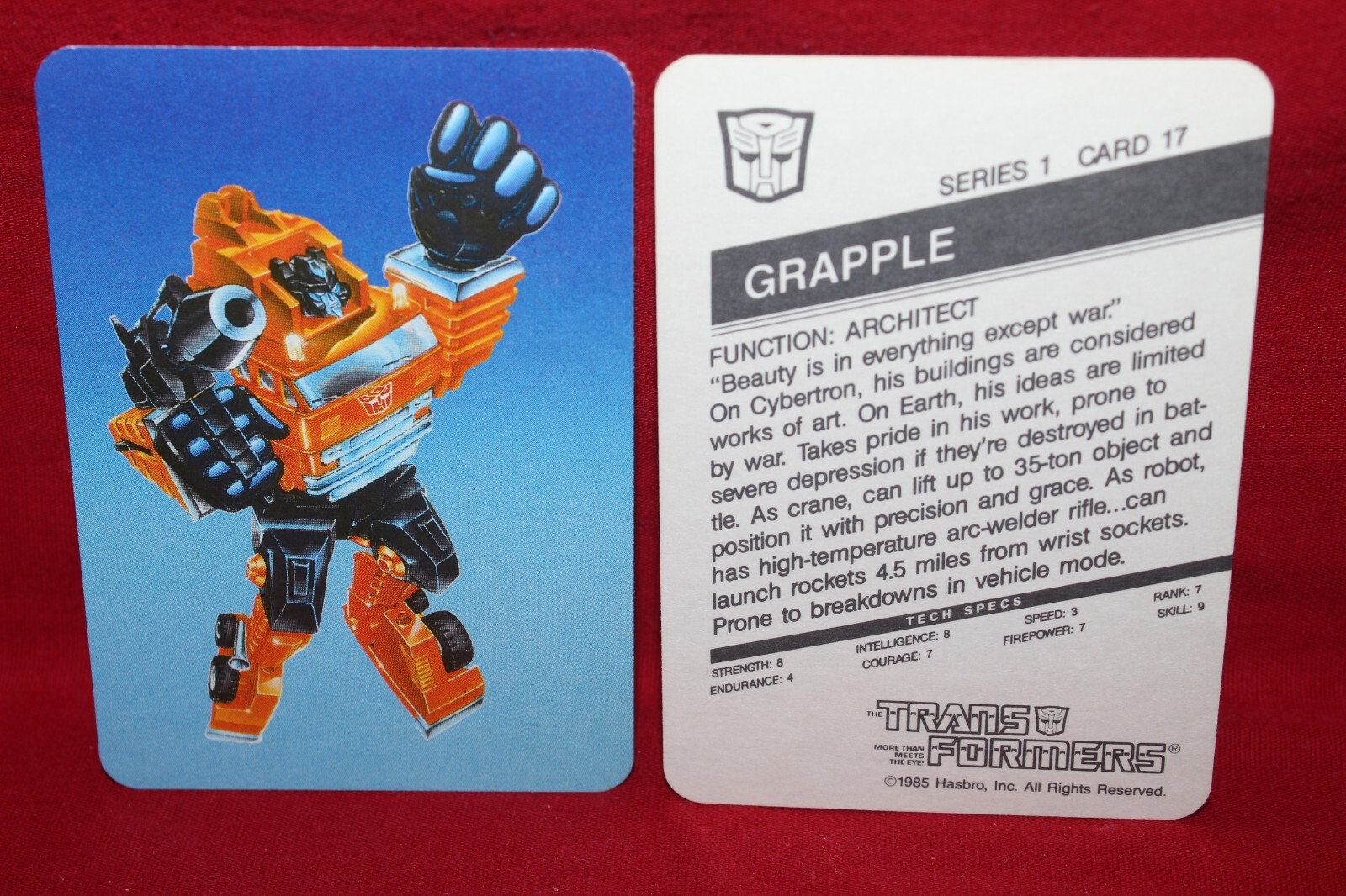 1985 Hasbro Transformers Card Grapple #17 Blue Variation Autobots Series 1