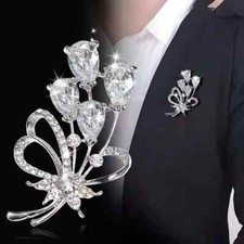 Elegant Flower Brooch Rhinestone Pin Women Luxury Zircon Crystal Silvery Plated