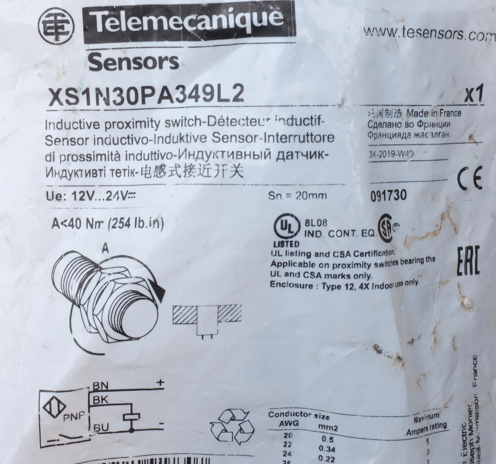 Capteur inductif XS1N30PA349L2 haute précision M30 boîtier robuste 43mm