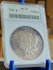 1901 Morgan Silver Dollar $1  AU55  ANACS  Old Soapbox holder