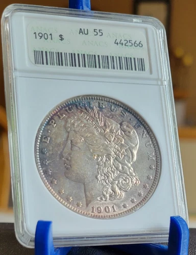 1901 Morgan Silver Dollar $1  AU55  ANACS  Old Soapbox holder
