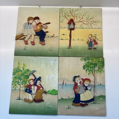 Vintage Mid Century Deutsch 3D Holz Relief Wandtafeln 4er Set Kinderzimmer Kunst