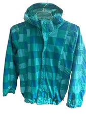 REI Girls Blue Green Checked Hoodie Jacket Size XL 18 , Pockets Adjustable Ties
