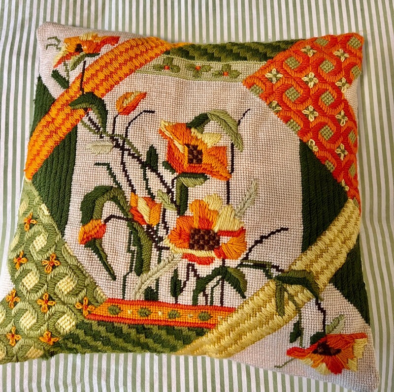 Vintage 1960’s Bright Tiger Lily Flowers and Geometric Needlepoint Pillow