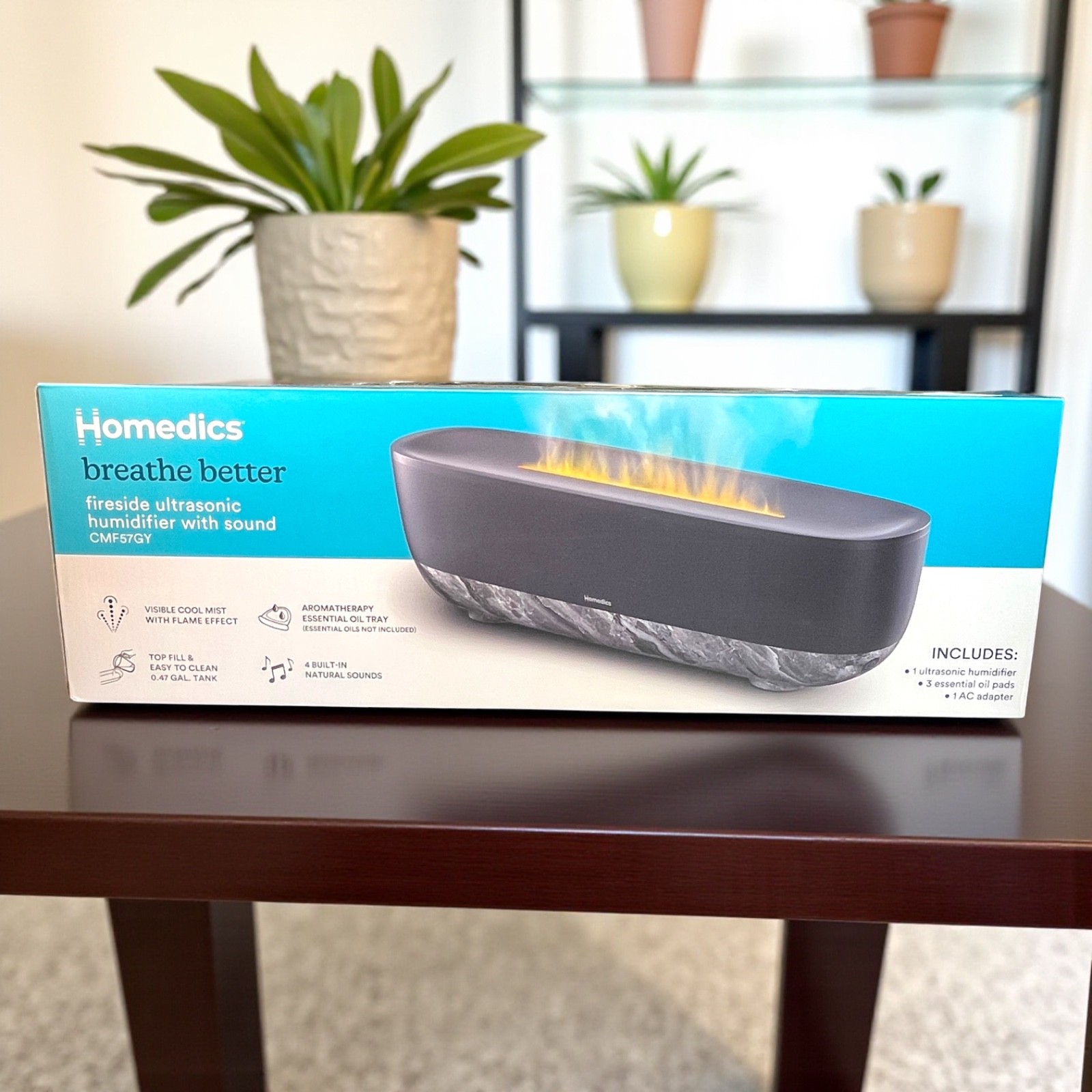 Homedics Fireside Ultrasonic Humidifier w/ Sound Flame Effect NEW Aromatherapy
