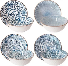 Ceramic 40 oz Ramen Bowls (Set of 4), 8 inch, Blue and White Japanese Tone