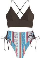 NEW ZAFUL Women's Tankini Set, Ribbed High Cut Surplice Swimsuit Bathing Suit M