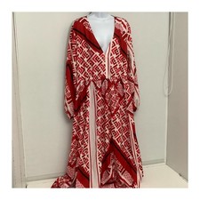 Plus Size 3XL Red Geometric Print Maxi Dress Long Sleeve V-Neck Boho Kaftan