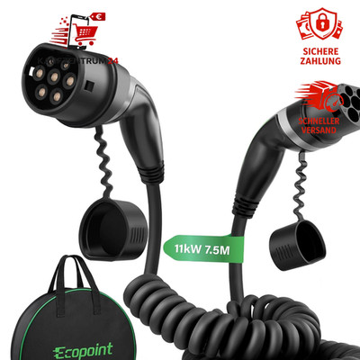 Ladekabel Typ 2 für Elektrofahrzeuge 11 kW, 7,5 m Spiralkabel