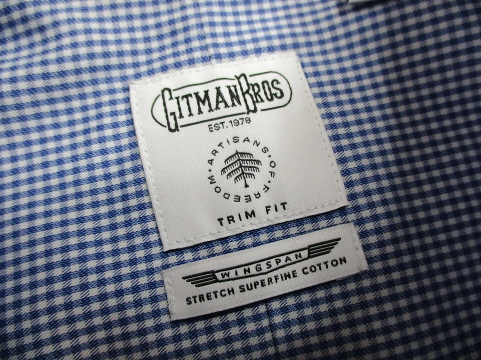 Gitman Bros Dress Shirt Mens Large 16.5 34/35 Blue Gingham Trim Fit Made in USA - Image 4 of 4