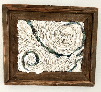 Handmade Textured White Clay Wall Art W Natural Stones. Real Barn wood Frame