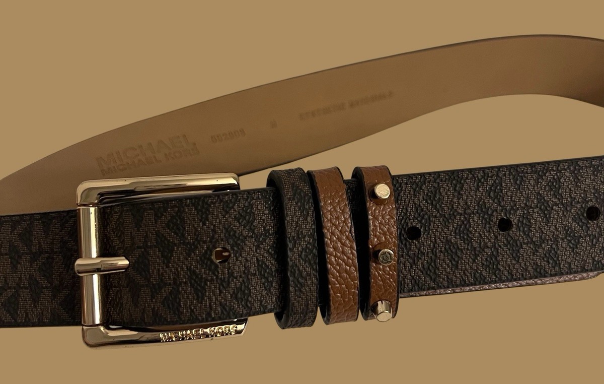 Brown Mk Belt For Womens MICHAEL KORS 558385 BROWN MK/BLACK W/GOLD