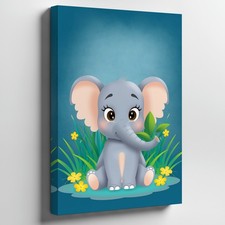 Cute, Cartoon-style Baby Elephant Sits Contentedly In A Vibrant, Lush Wall Art