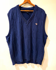 VTG 90s GANT Men's L Navy Cable-Knit USA Made V-Neck Sweater Vest 100% Cotton