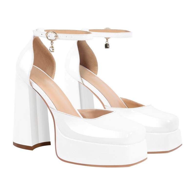Women's Mary-Jane Pumps Platform Chunky High Heels Ankle Strap White Shoes US5