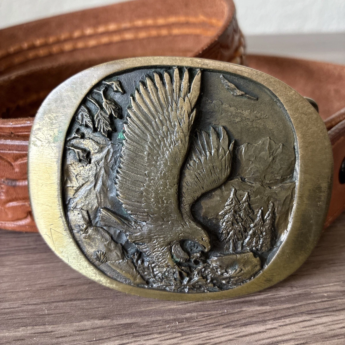 VTG High Mesa American Eagle Solid Bronze Belt Buckle & Leather Belt, Size 36 Vintage Hight Mesa Solid Bronze Hand Made Eagle Head Belt  main image 2