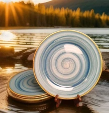 Pacific by Thomson Pottery Large Rim Dinner Plates Set of 4 Blue Swirl 10.75 "W